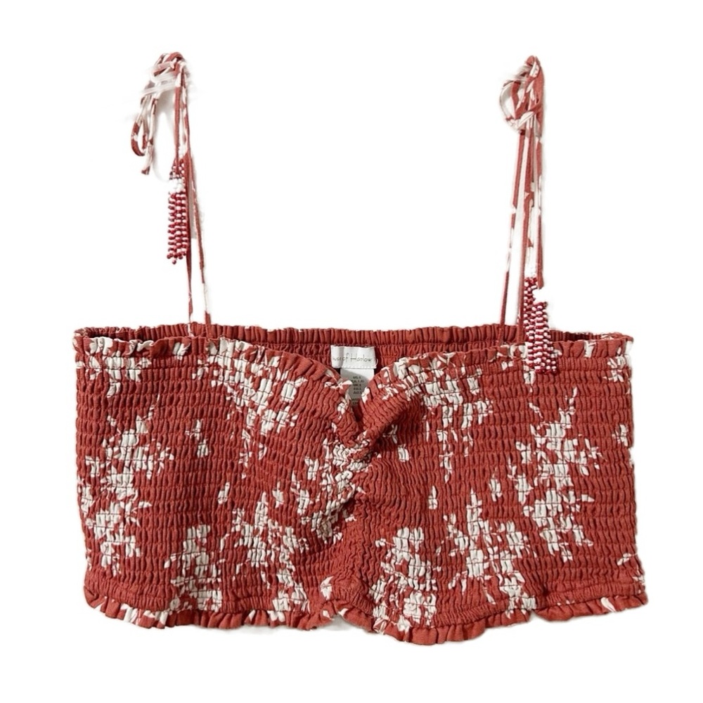 House Of Harlow 1960 Smocked Crop Top Rust Floral Print Beaded Tassels Boho Fest